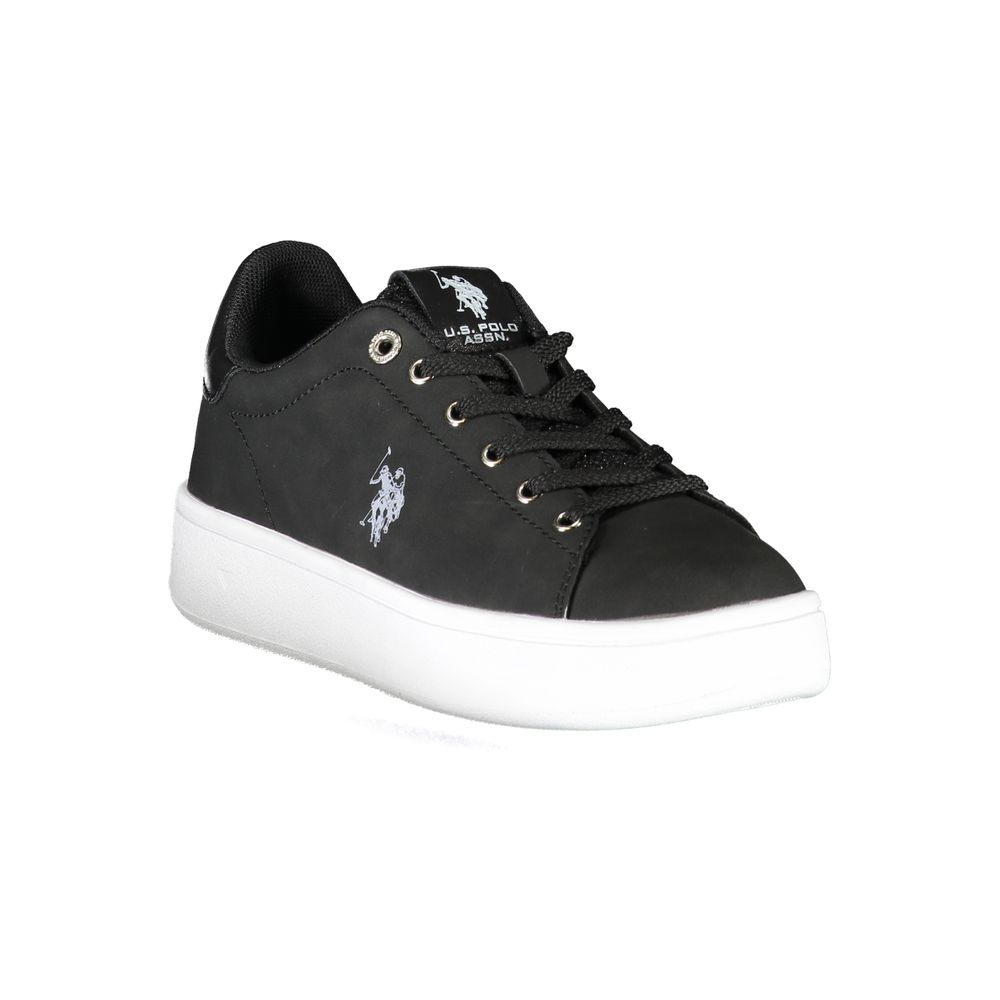 Black sneaker with white sole, featuring a logo on the side and laces