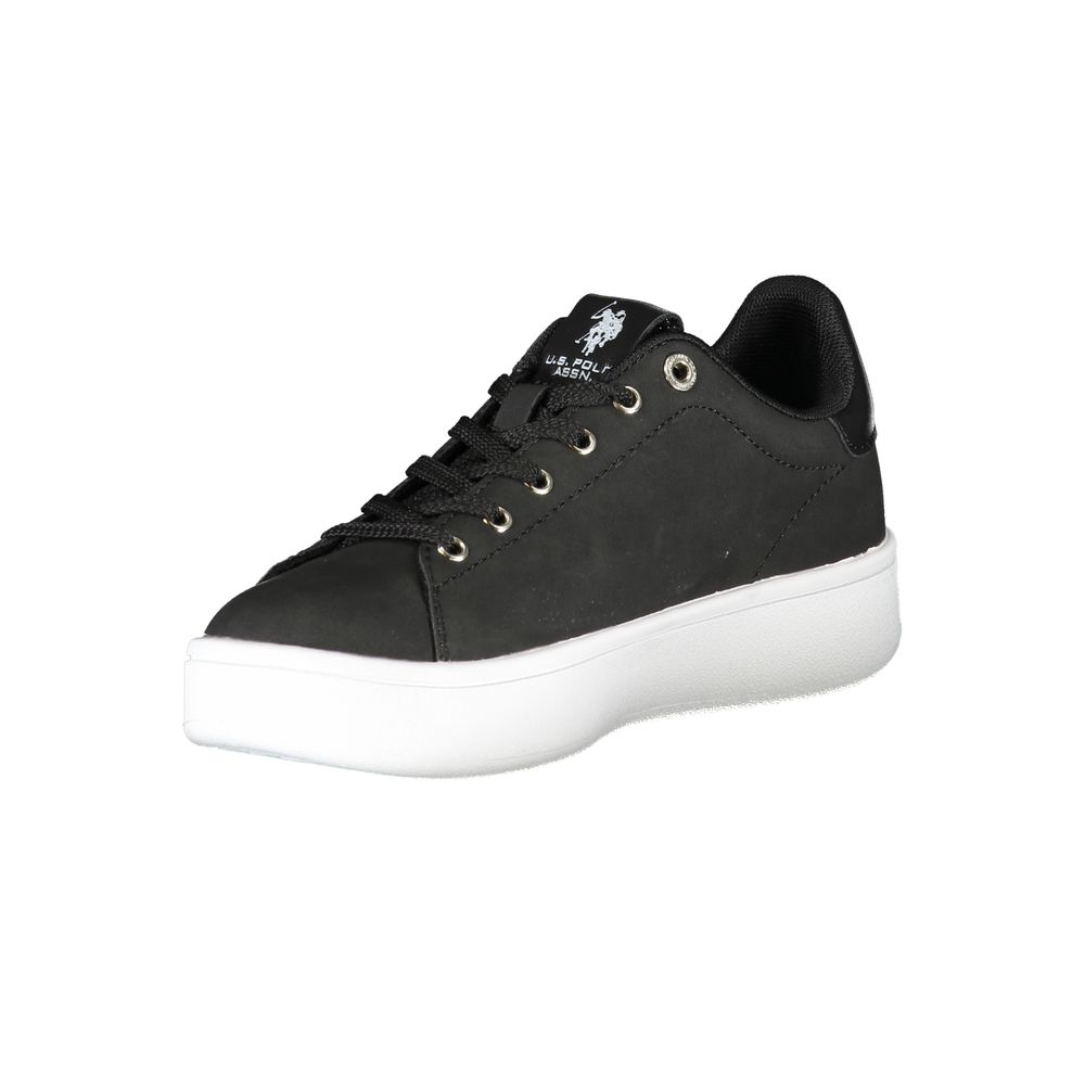 Black sneaker with white sole, featuring a logo on the side and laces