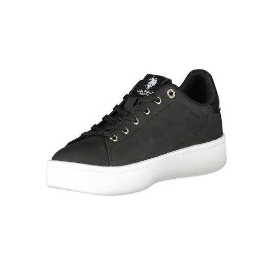 Black sneaker with white sole, featuring a logo on the side and laces