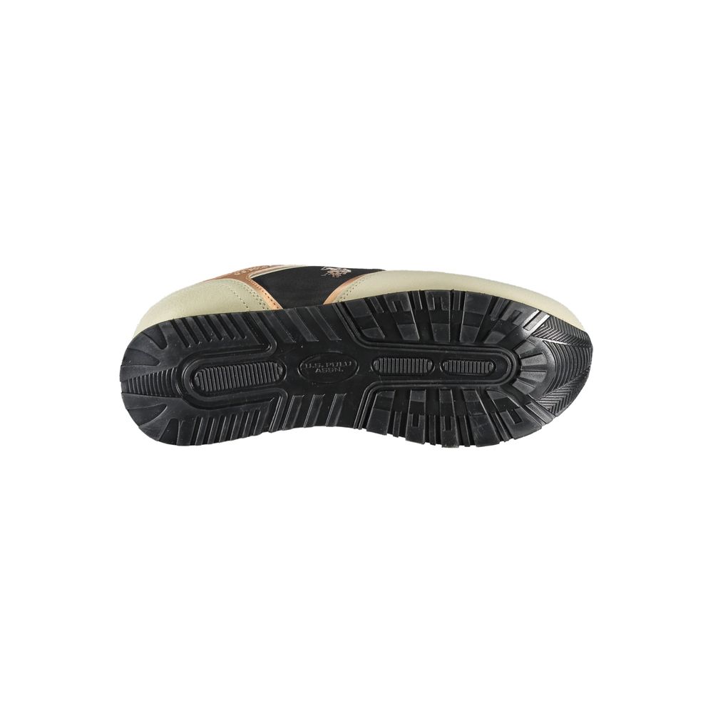Black and tan women's sneaker with white sole, featuring logo on side