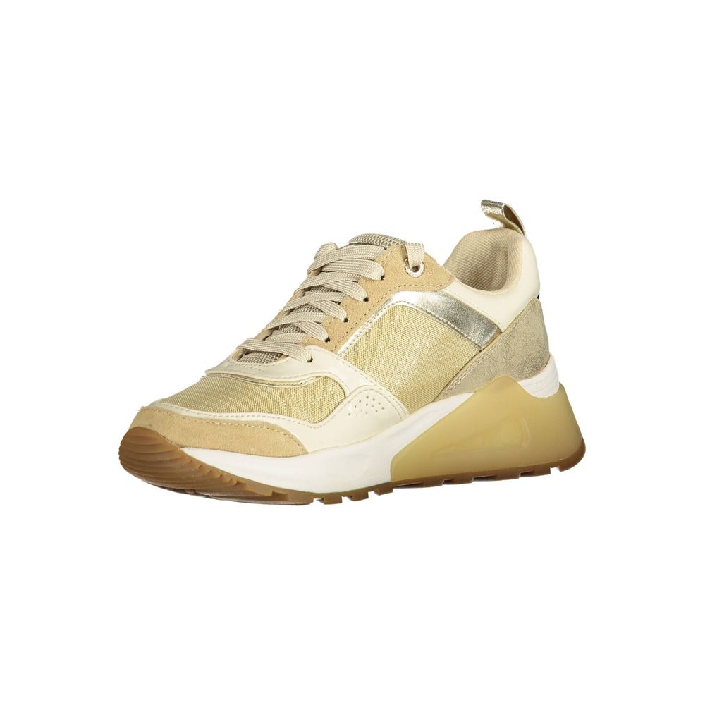 Gold suede women's sneakers with white laces and a white sole