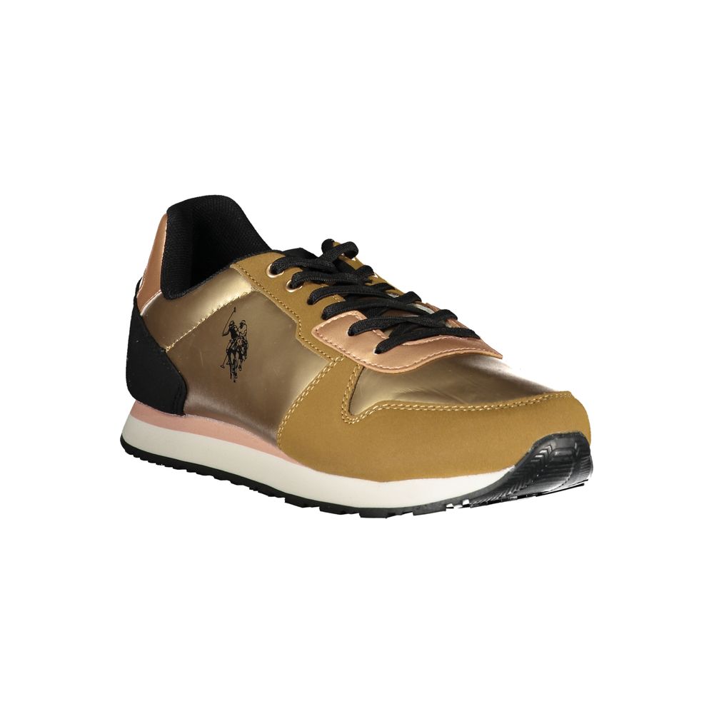 Brown and white women's sneaker with gold accents, featuring a logo on the side