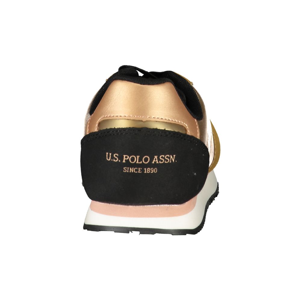 Black and gold sneakers with white sole, featuring U.S. POLO ASSN logo on side