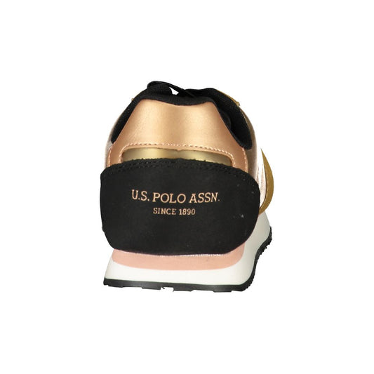 Black and gold sneakers with white sole, featuring U.S. POLO ASSN logo on side