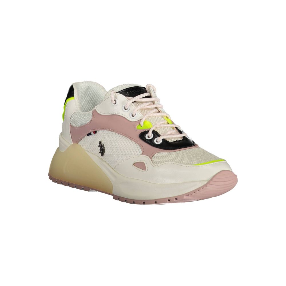 Pink and white women's sneakers with laces, eco suede material, and US Polo Assn logo
