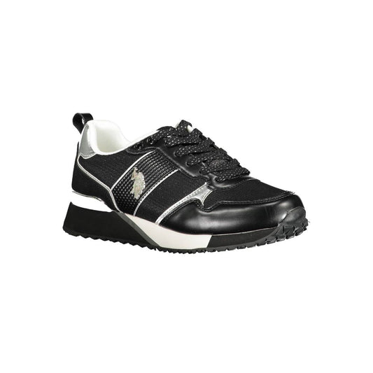 Black and white women's sneaker with eco suede upper, featuring a logo on the side