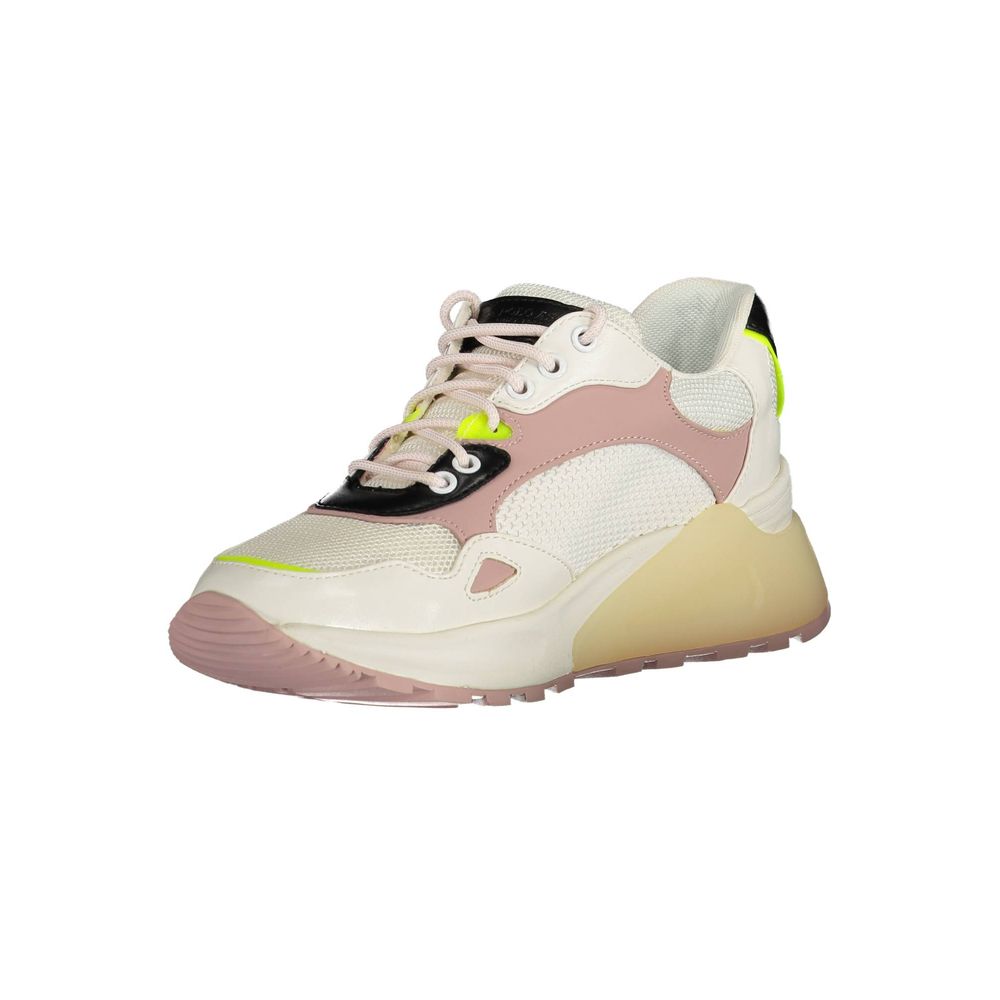 Pink and white women's sneakers with laces, eco suede material, and logo on side