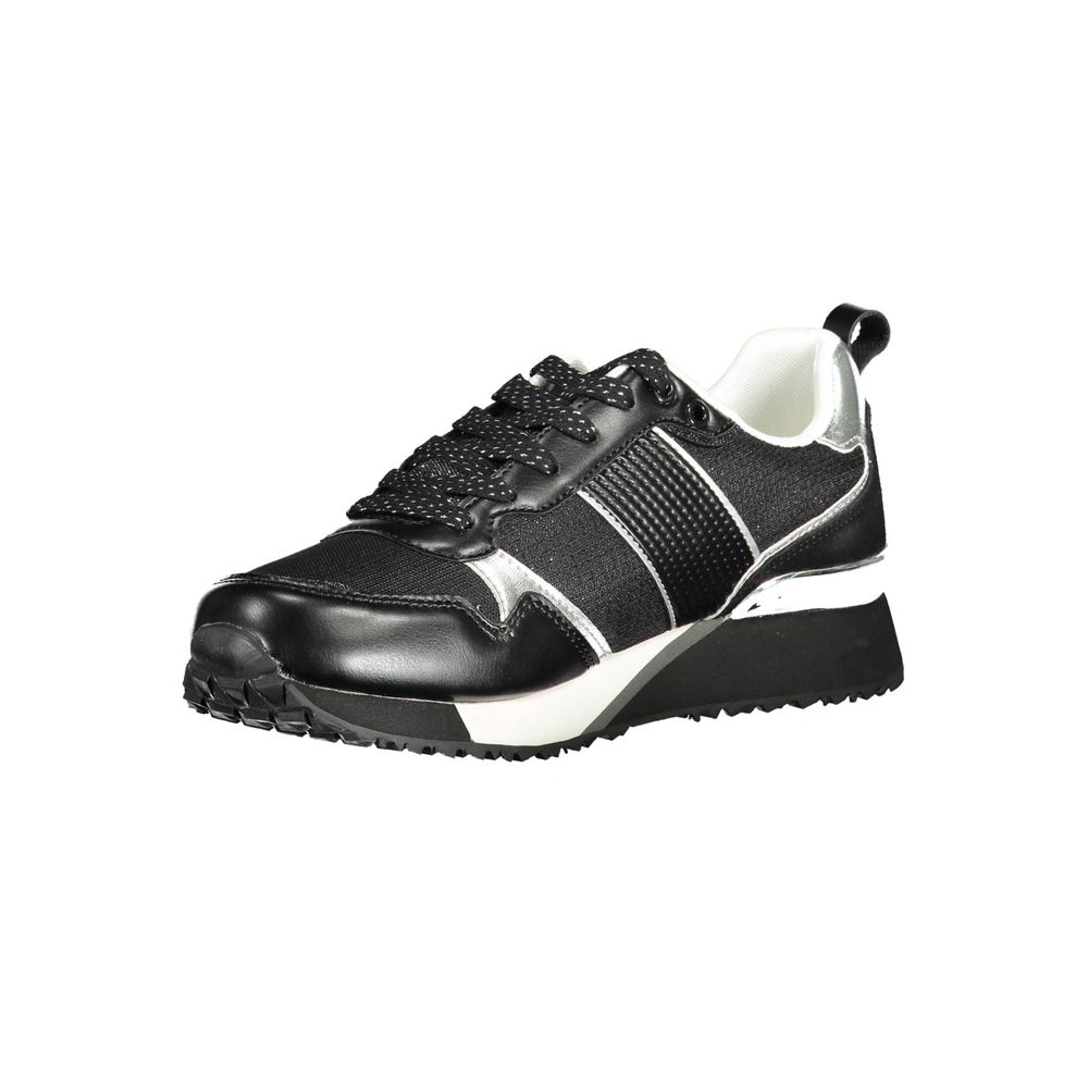 Black and white sneaker with laces, eco suede upper, and rubber sole