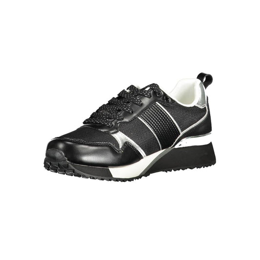 Black and white sneaker with laces, eco suede upper, and rubber sole