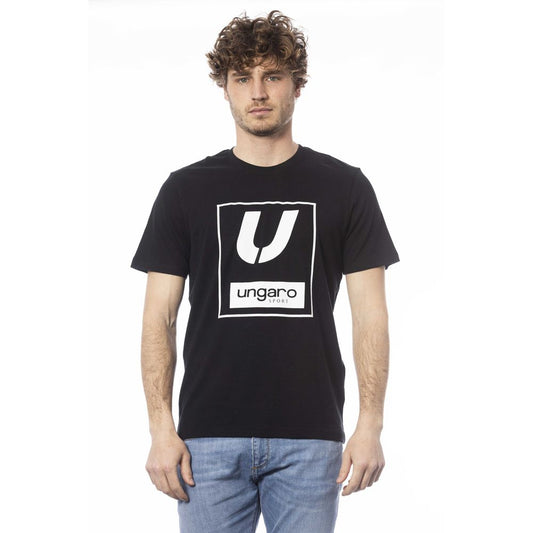Black t-shirt with white logo on front