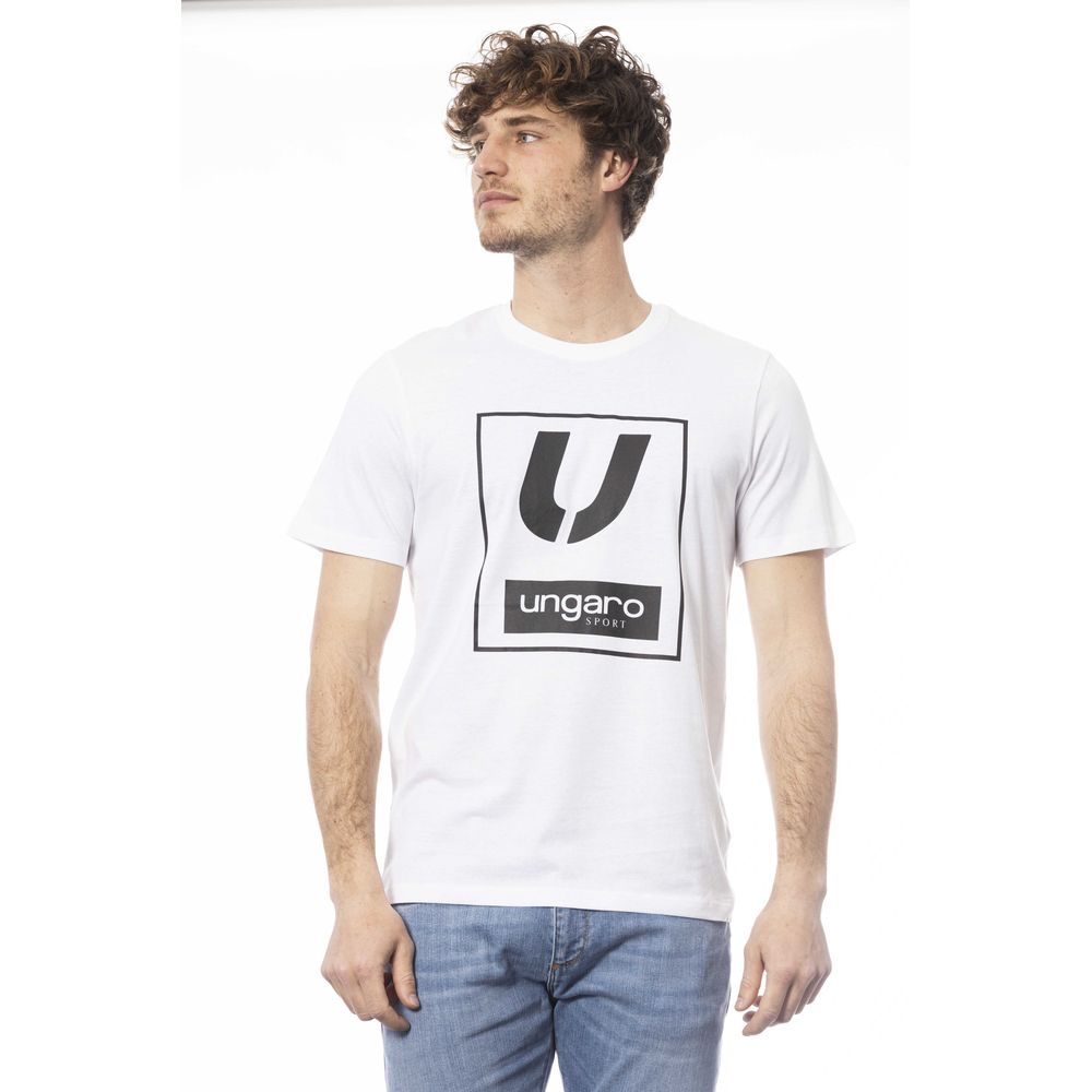 Man wearing white t-shirt with black logo