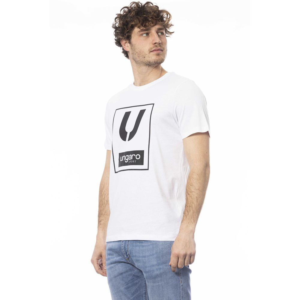 Man wearing white t-shirt with black logo