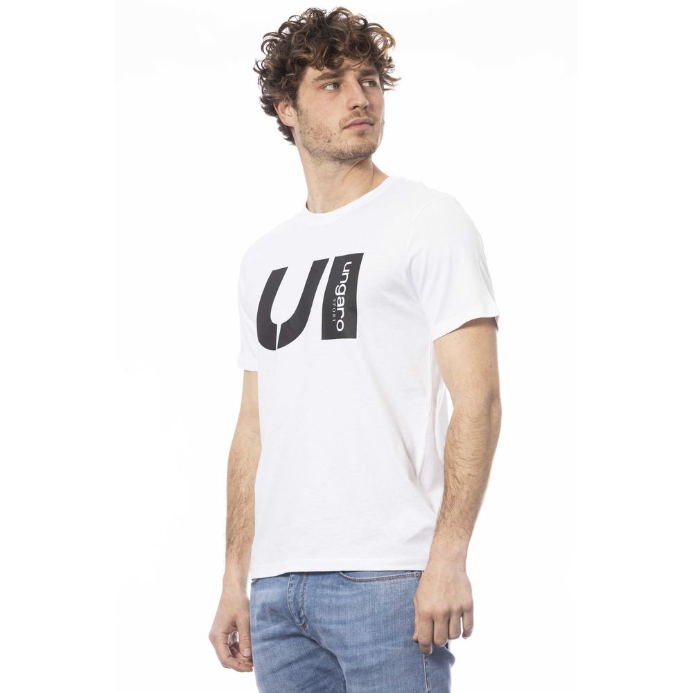 Man wearing white t-shirt with black lettering