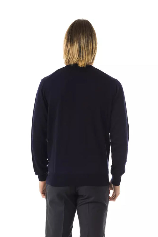 Navy blue sweater with horizontal stripes on back