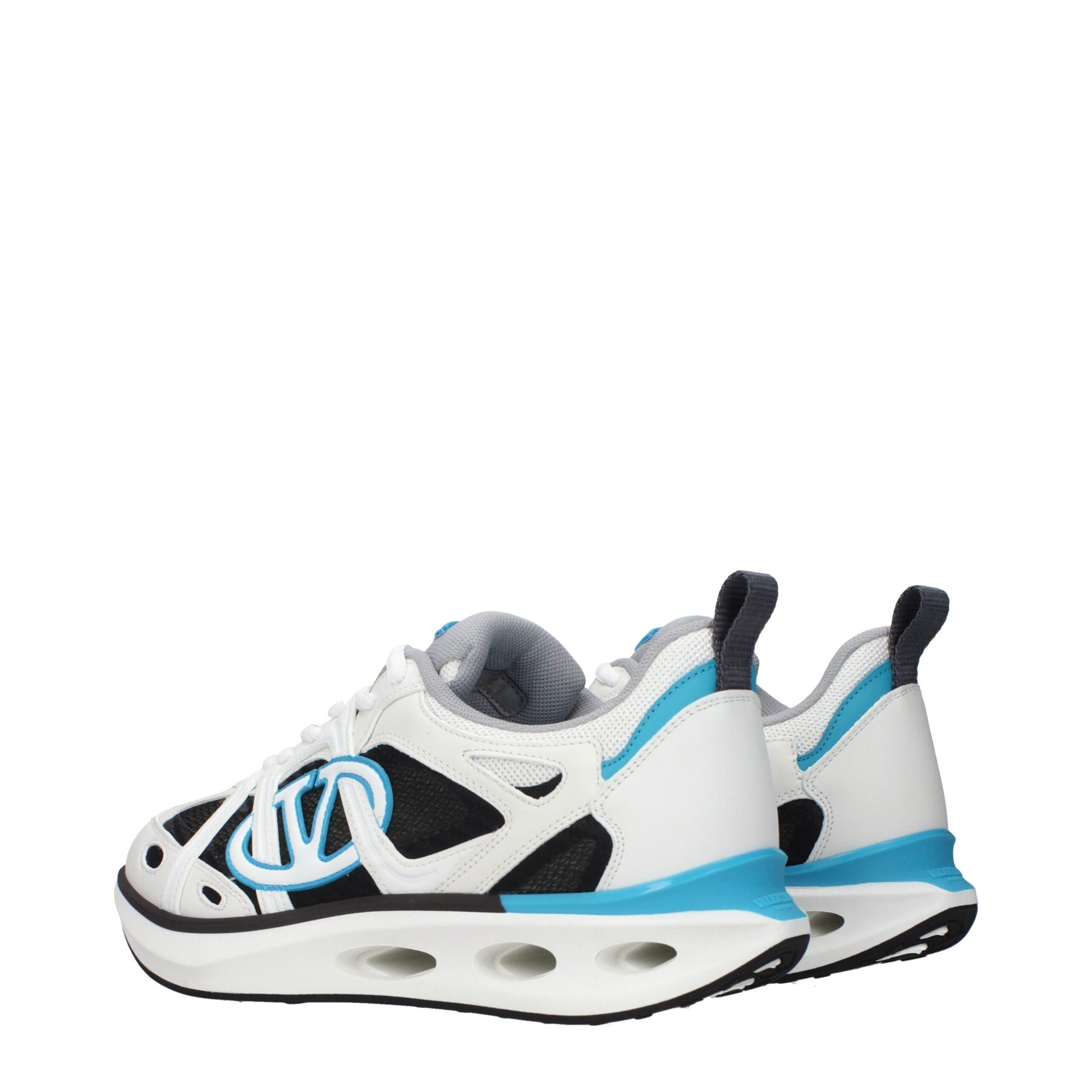 A pair of white athletic sneakers with blue accents, featuring a lace-up design and textured sole