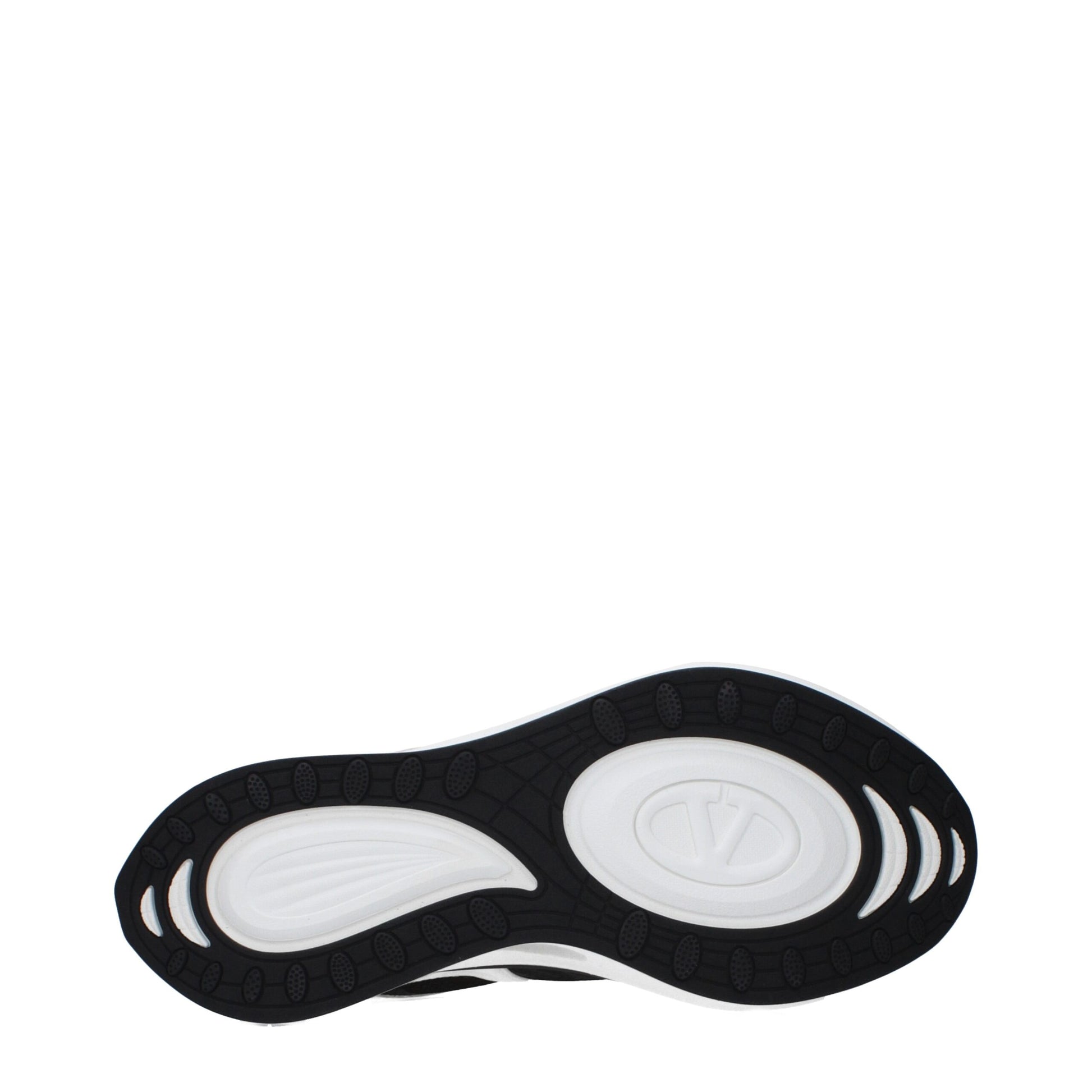 Black and white athletic sneaker with a logo on the side