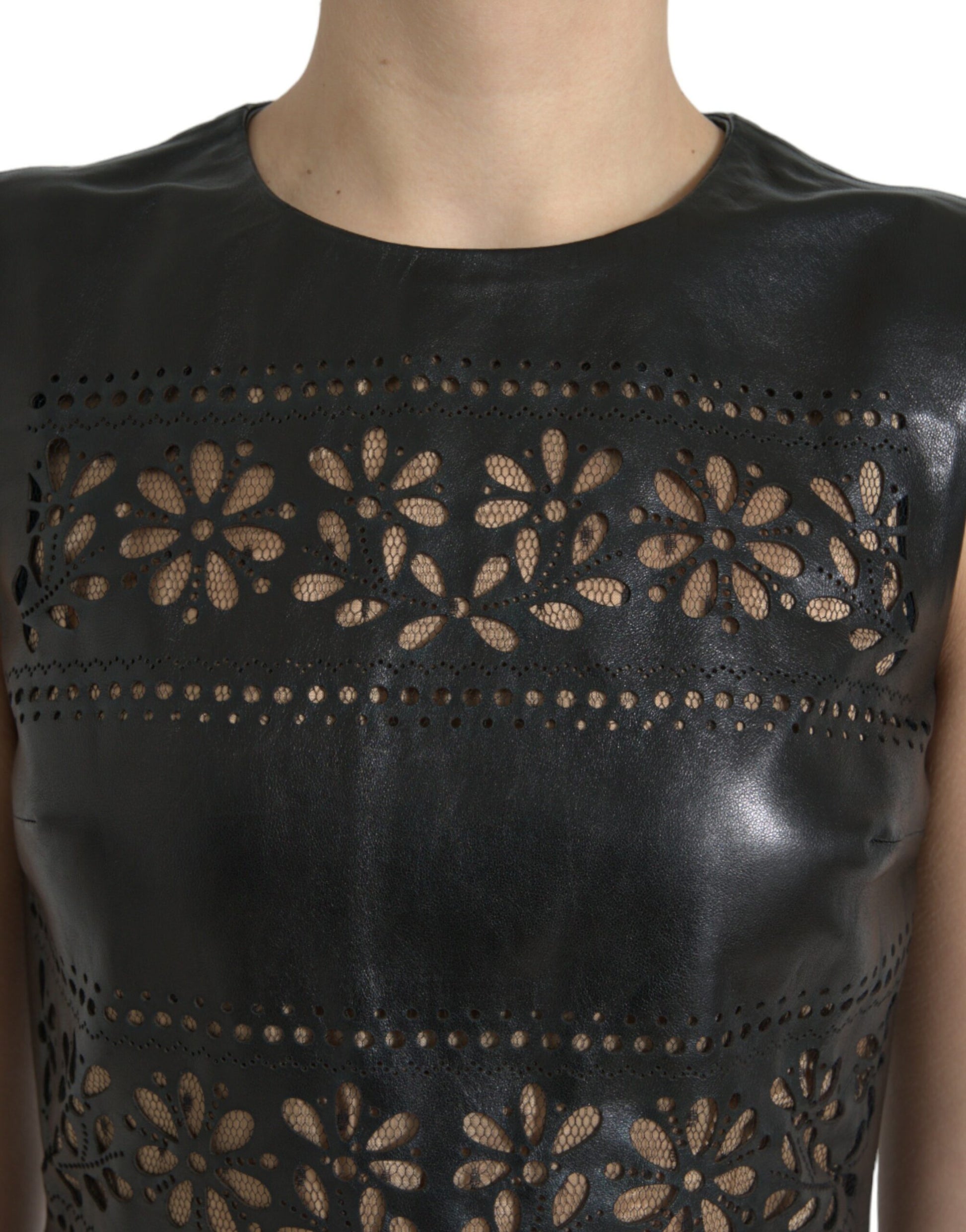 Black nylon cut out dress with floral embroidery detailing