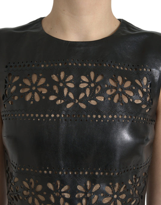 Black nylon cut out dress with floral embroidery detailing