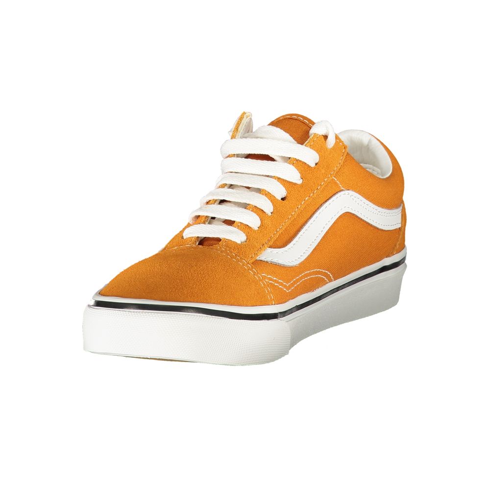 Orange women's sneaker with white laces, black sole, and white stripe on side