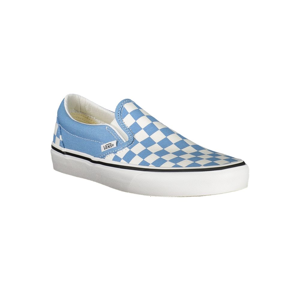 Blue checkered slip on shoes with white soles