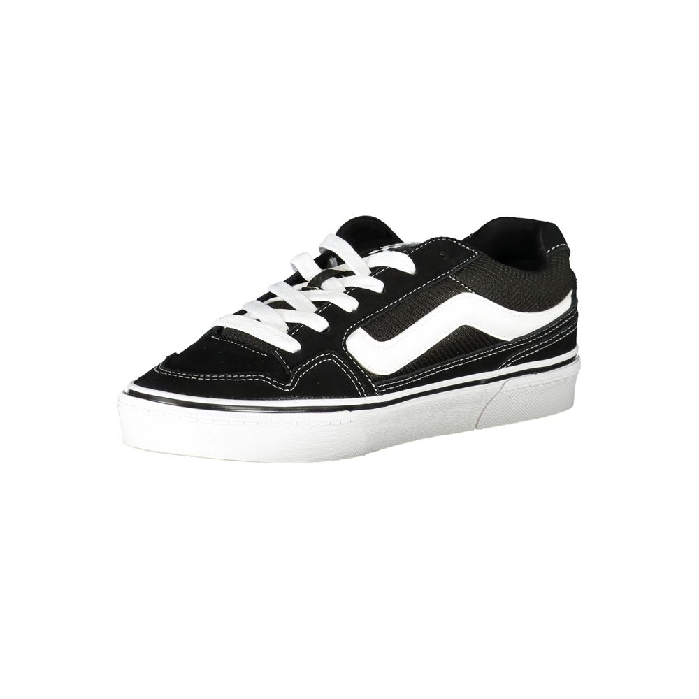 A black and white sneaker with a lace-up front, featuring a low top design