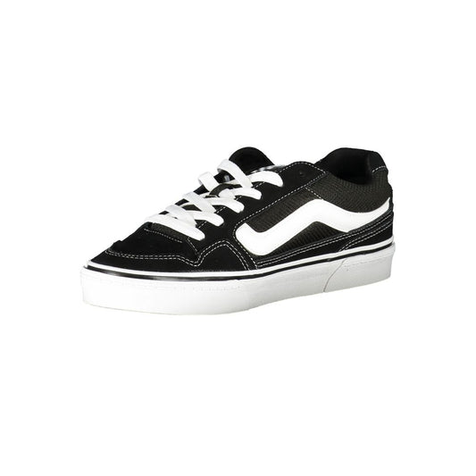 A black and white sneaker with a lace-up front, featuring a low top design
