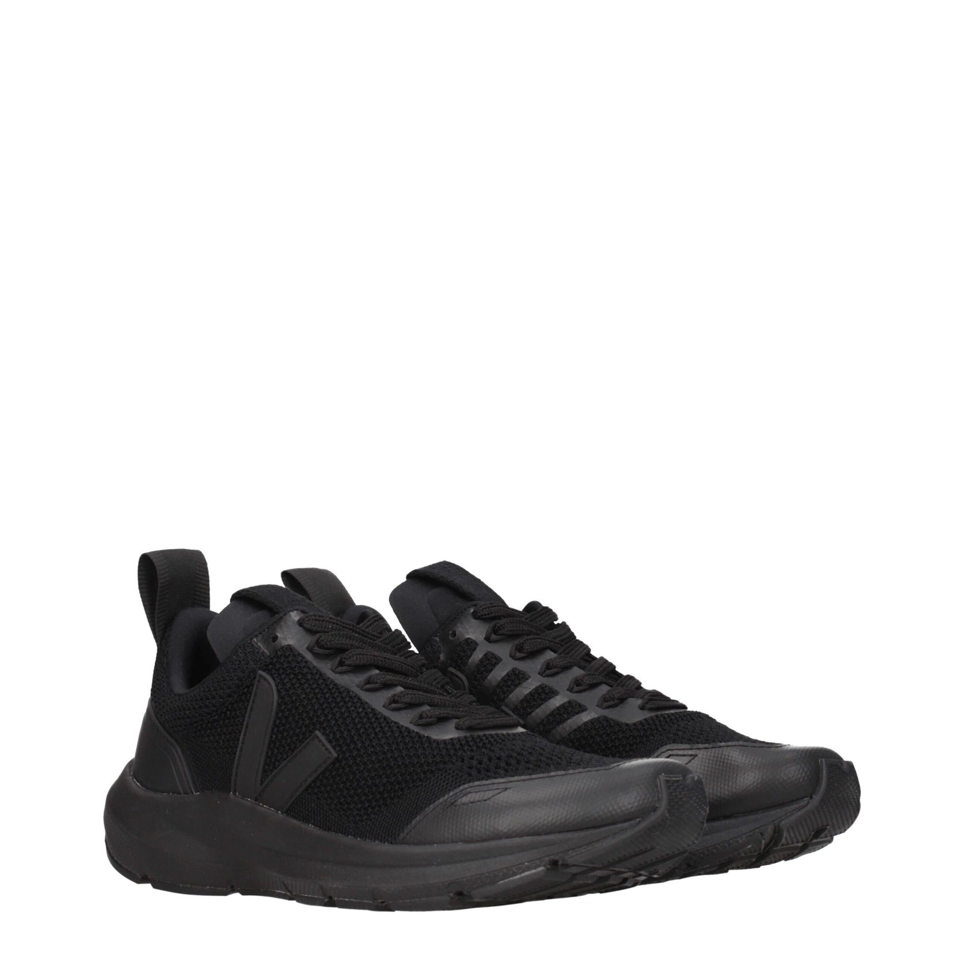 A pair of black athletic sneakers with a textured fabric upper, lace-up closure, and rubber sole