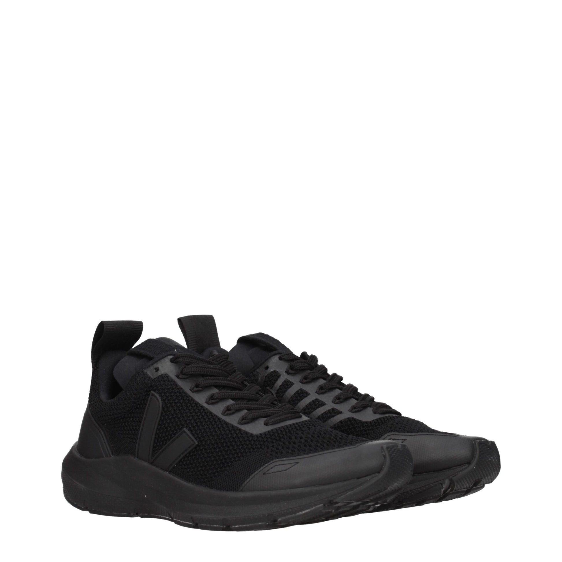 A pair of black athletic sneakers with a knit upper