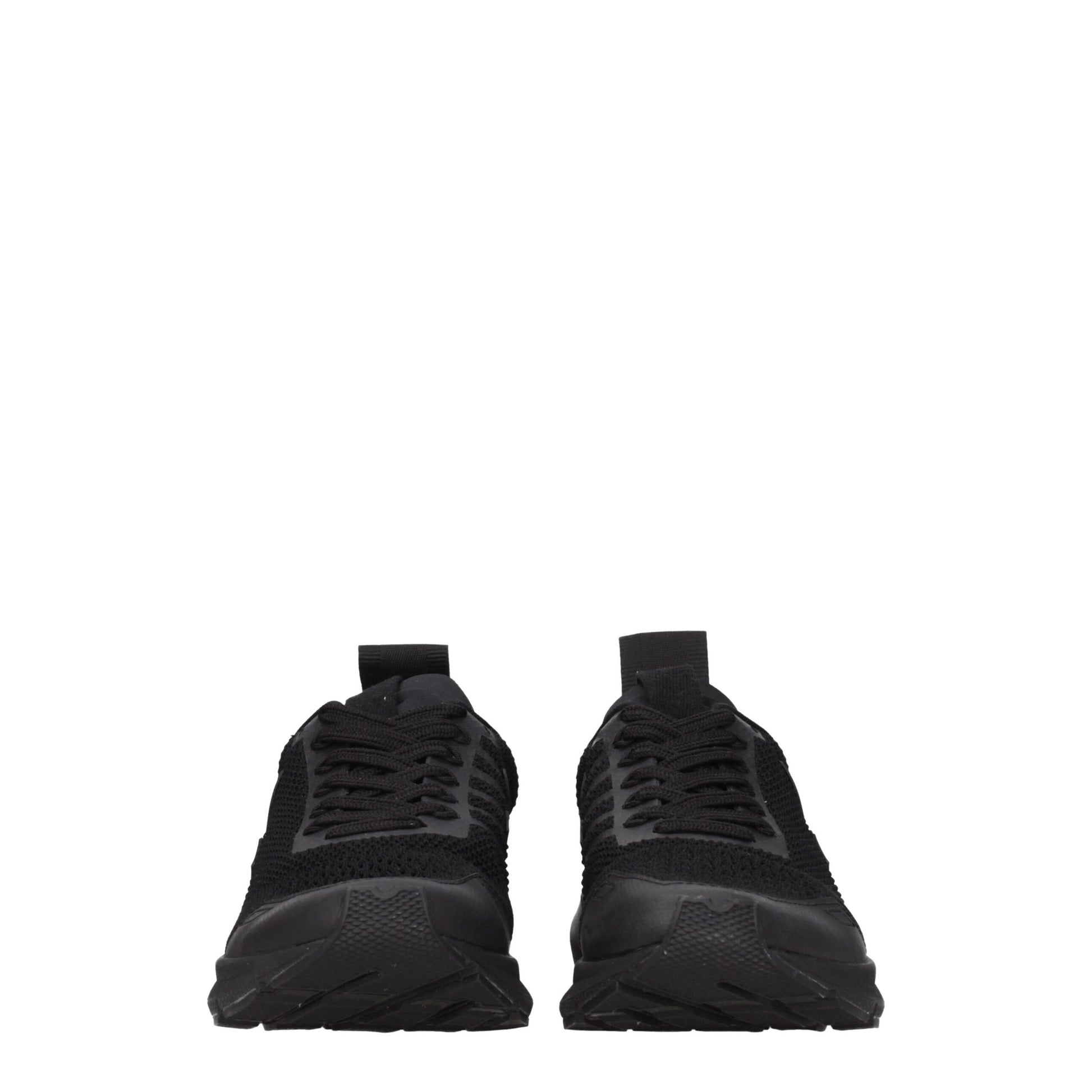 Pair of black athletic sneakers with laces, featuring a knit upper and a rubber sole