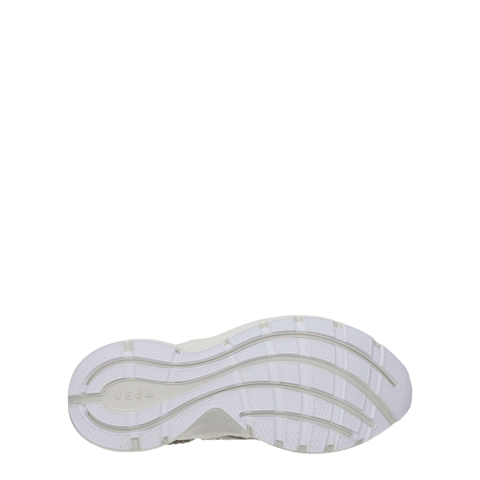 A gray fabric athletic sneaker with a white sole, featuring a textured design on the upper and a logo on the side