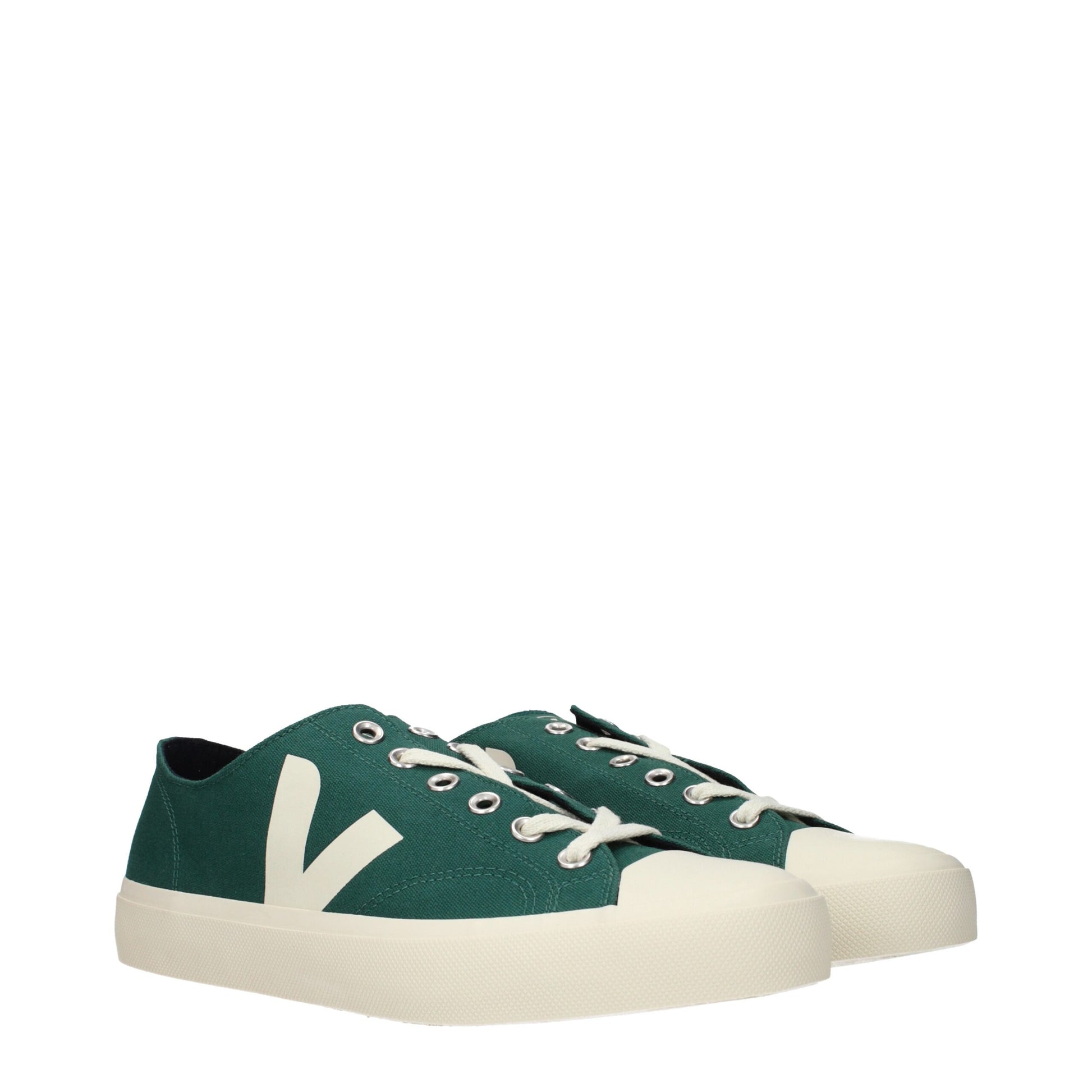 A pair of green and white sneakers with a low top, featuring a fabric upper and rubber soles