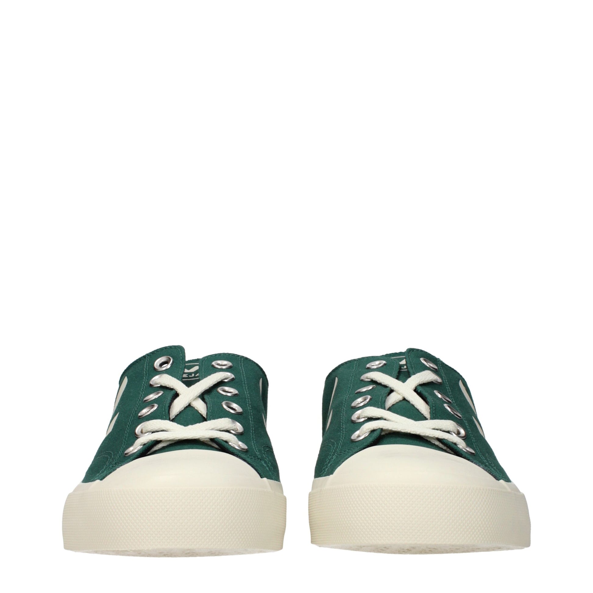 Pair of green fabric low top sneakers with white laces