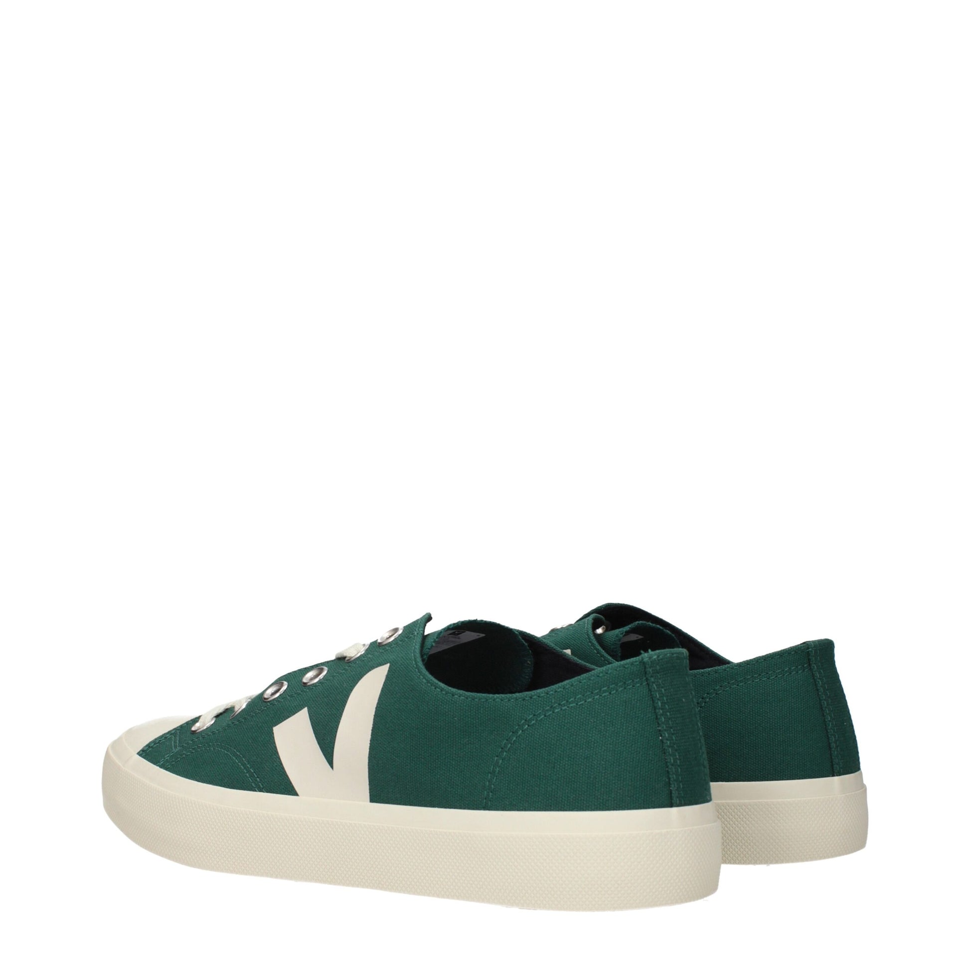 A pair of green fabric low top sneakers with white laces and soles