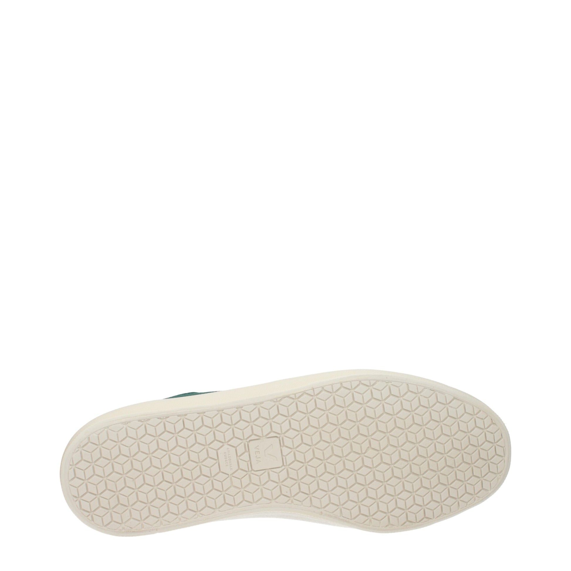 A single shoe with a green fabric upper and white sole, featuring a circular pattern on the bottom