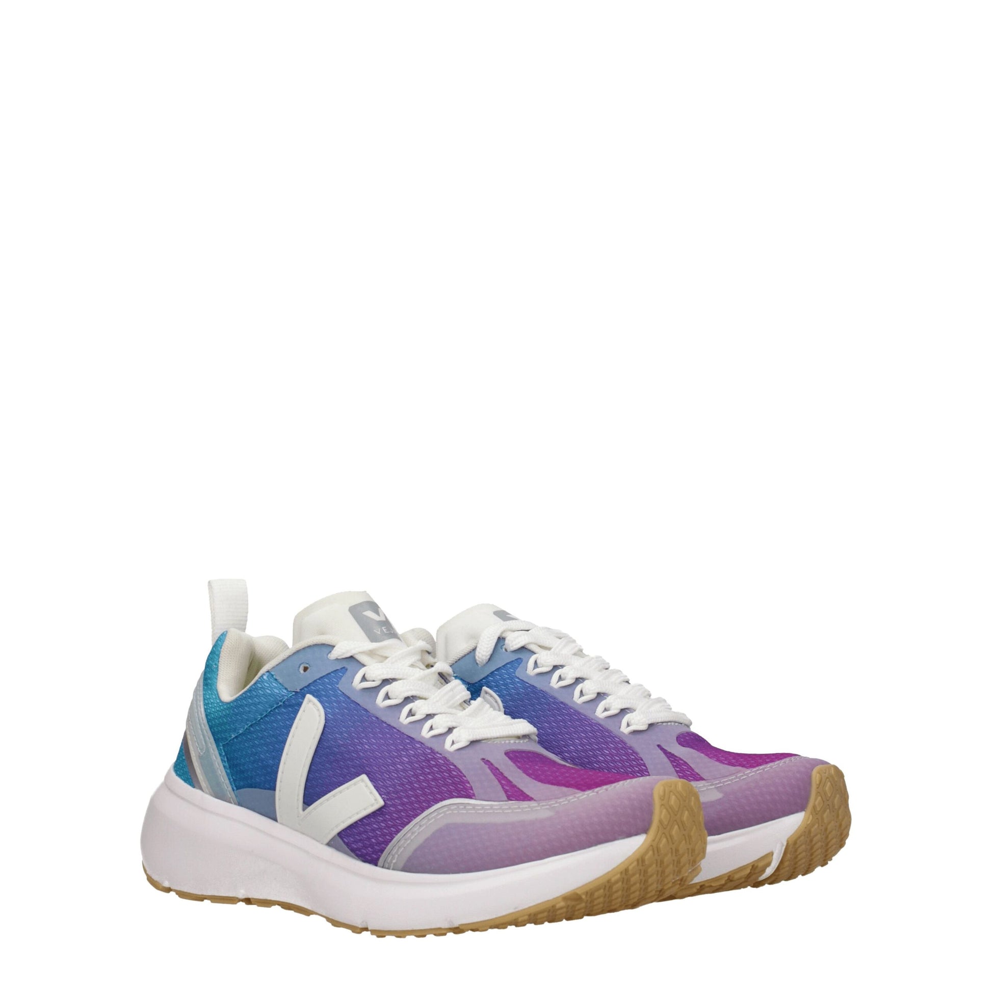 Purple and white athletic sneakers with a woven upper, laces, and rubber sole