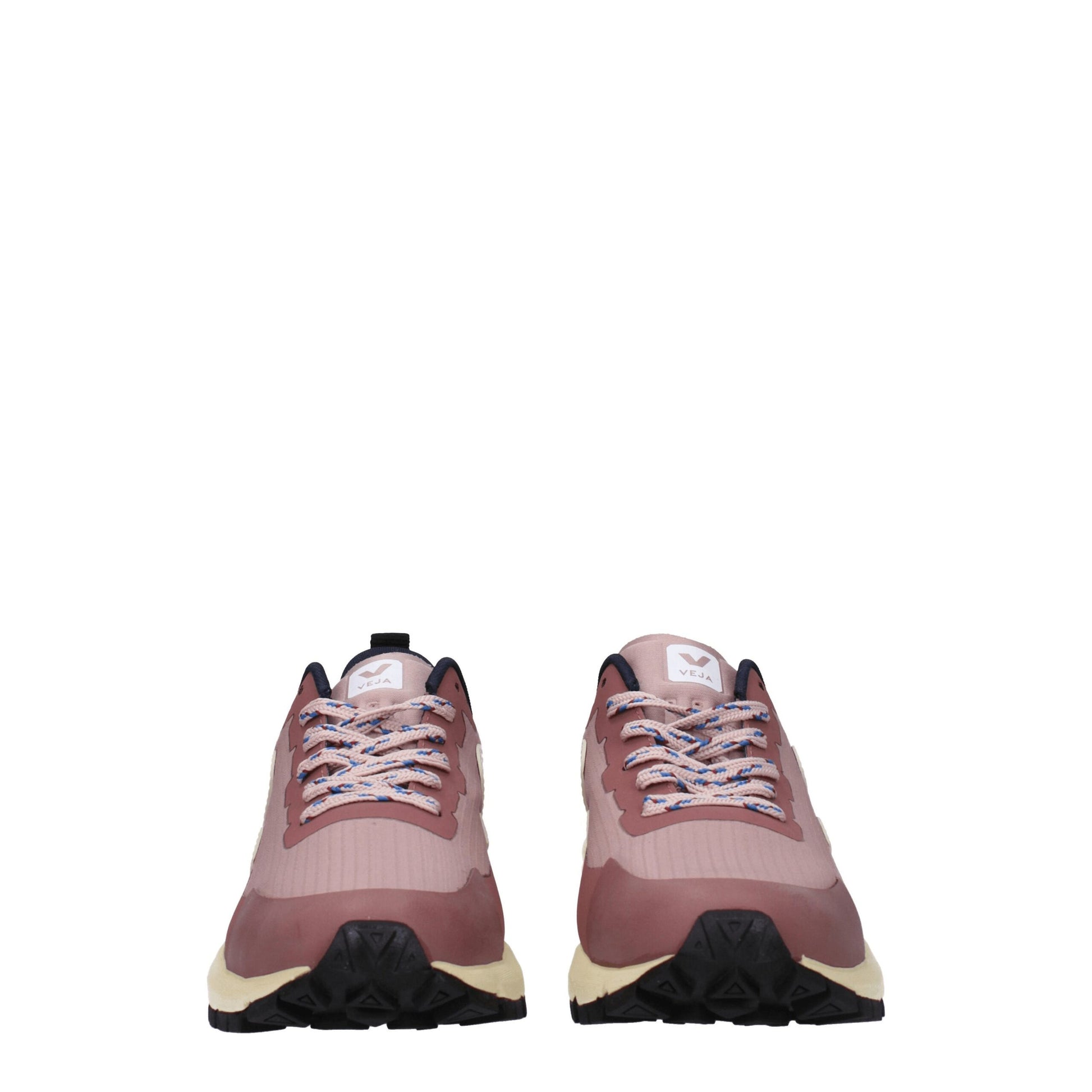 A pair of pink athletic sneakers with white laces