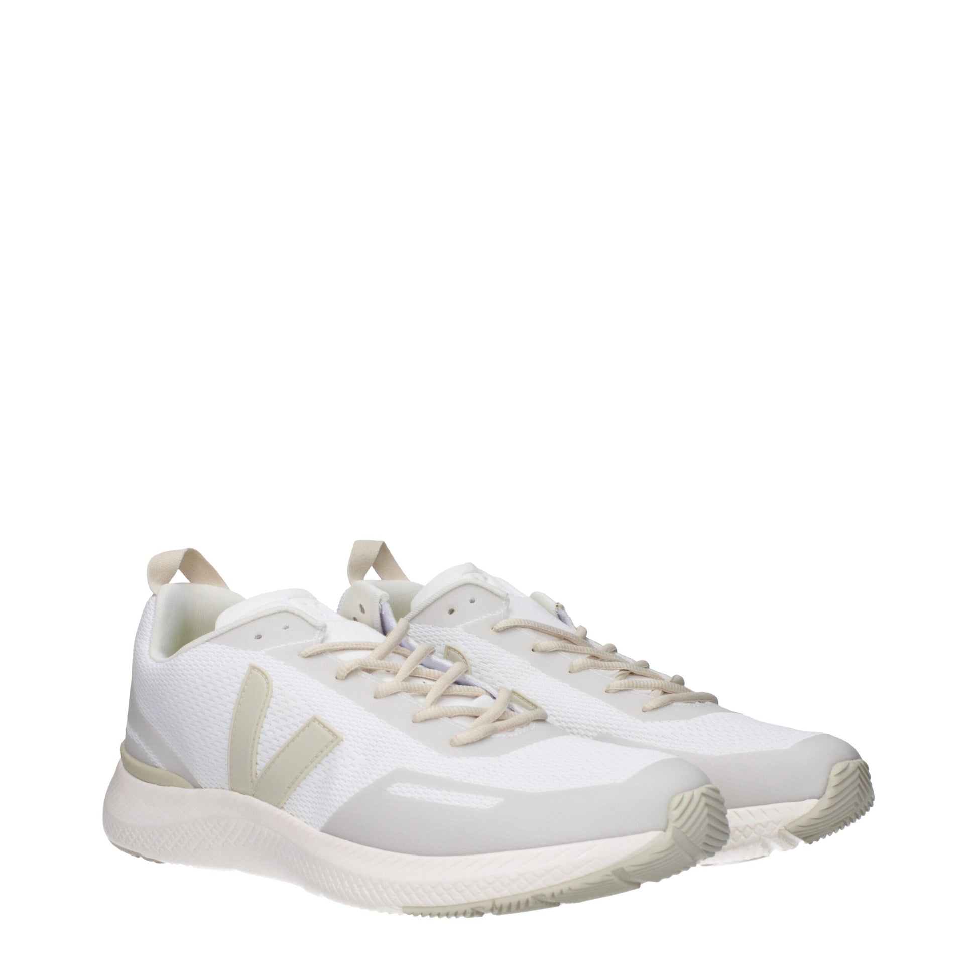 A pair of white athletic sneakers with a fabric upper, featuring laces and a pull tab on the heel