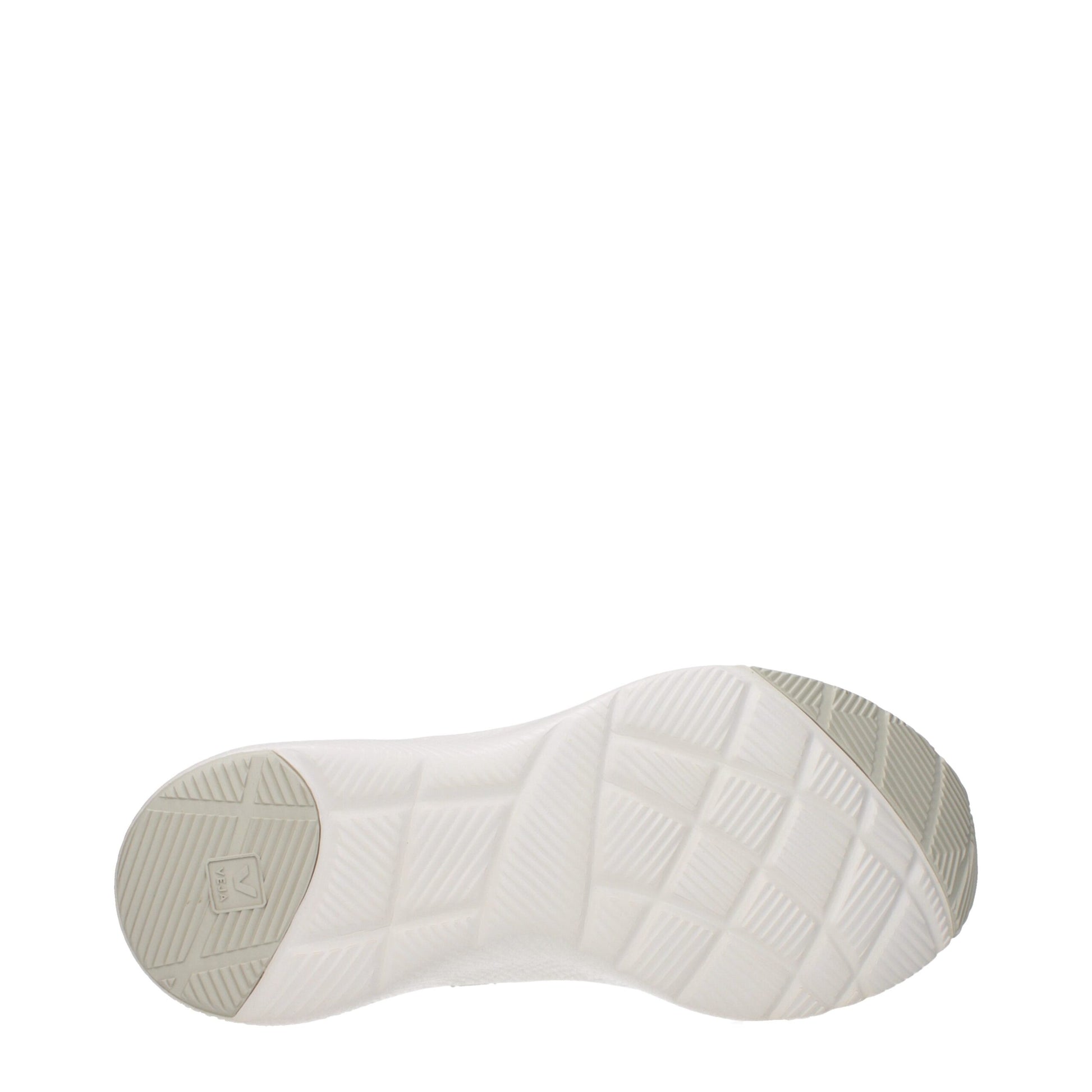 A single white athletic shoe with a textured sole, featuring a logo on the side and a pull tab at the back