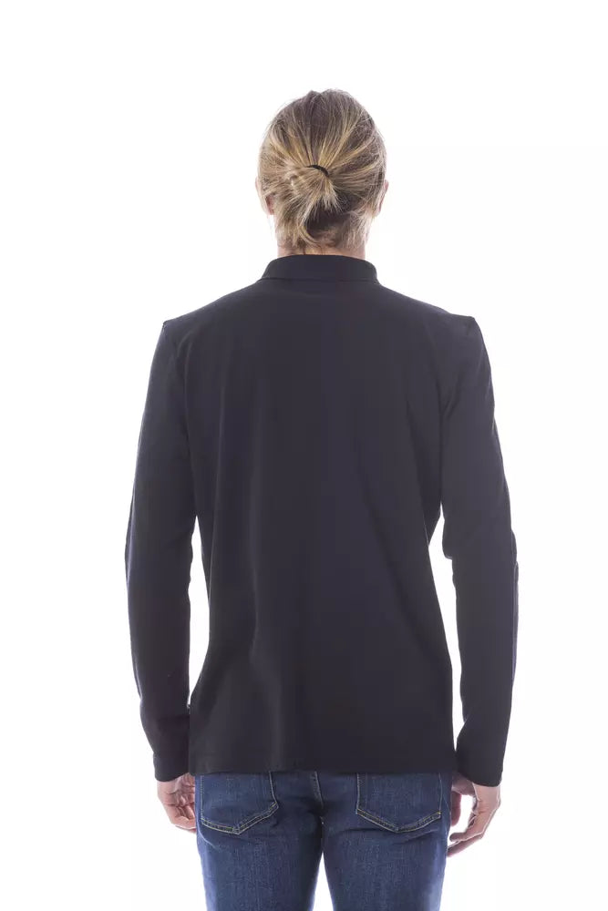 Black blazer worn by a person standing against white background