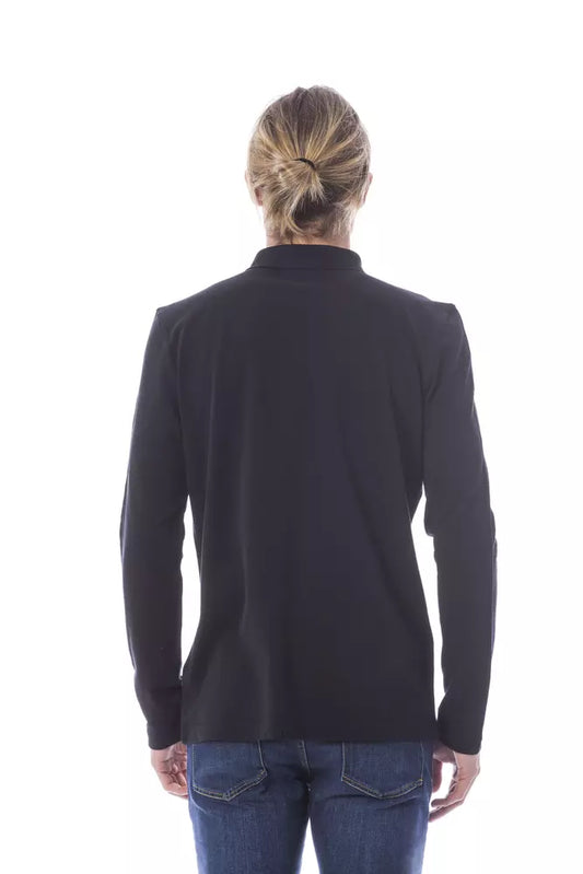 Black blazer worn by a person standing against white background