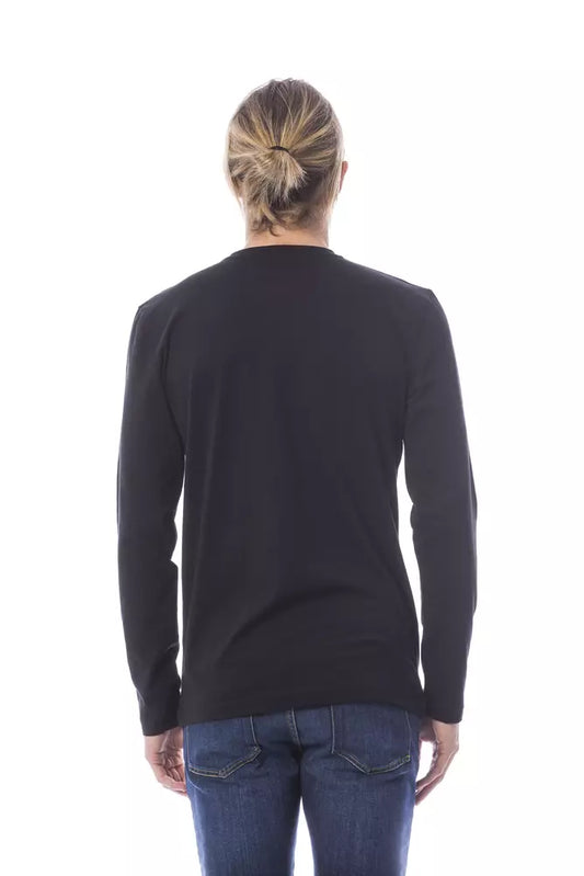 Black long sleeve shirt on a person standing against white background