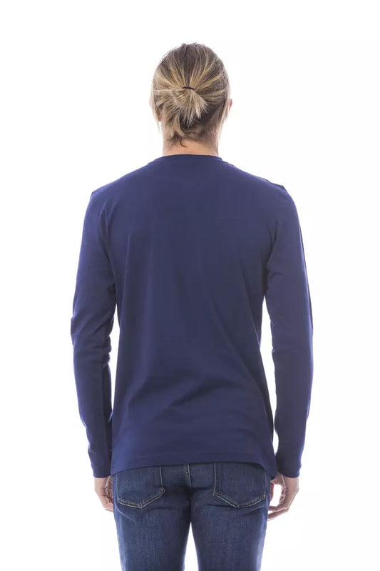 Navy blue long sleeve shirt on a person standing against white background