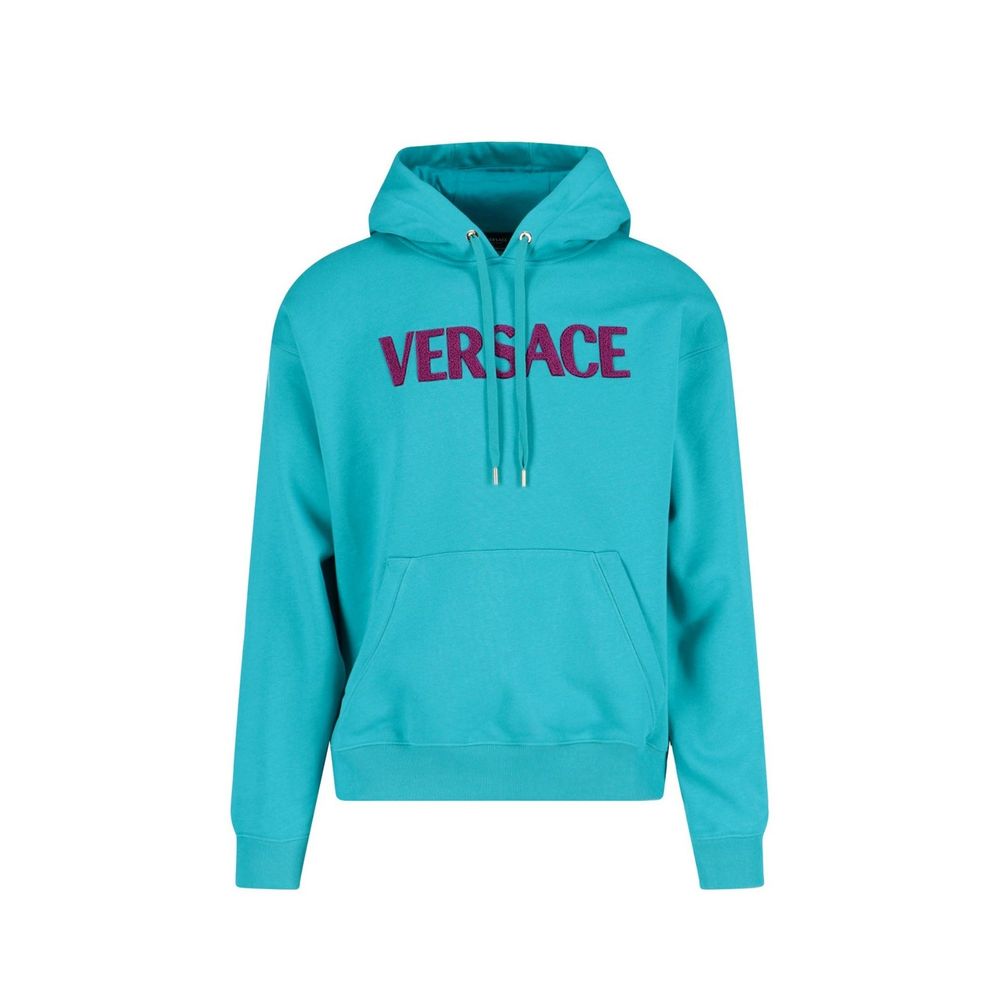 Blue hoodie with pink letters spelling "Versace"