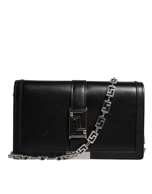 Black leather clutch purse with chain strap