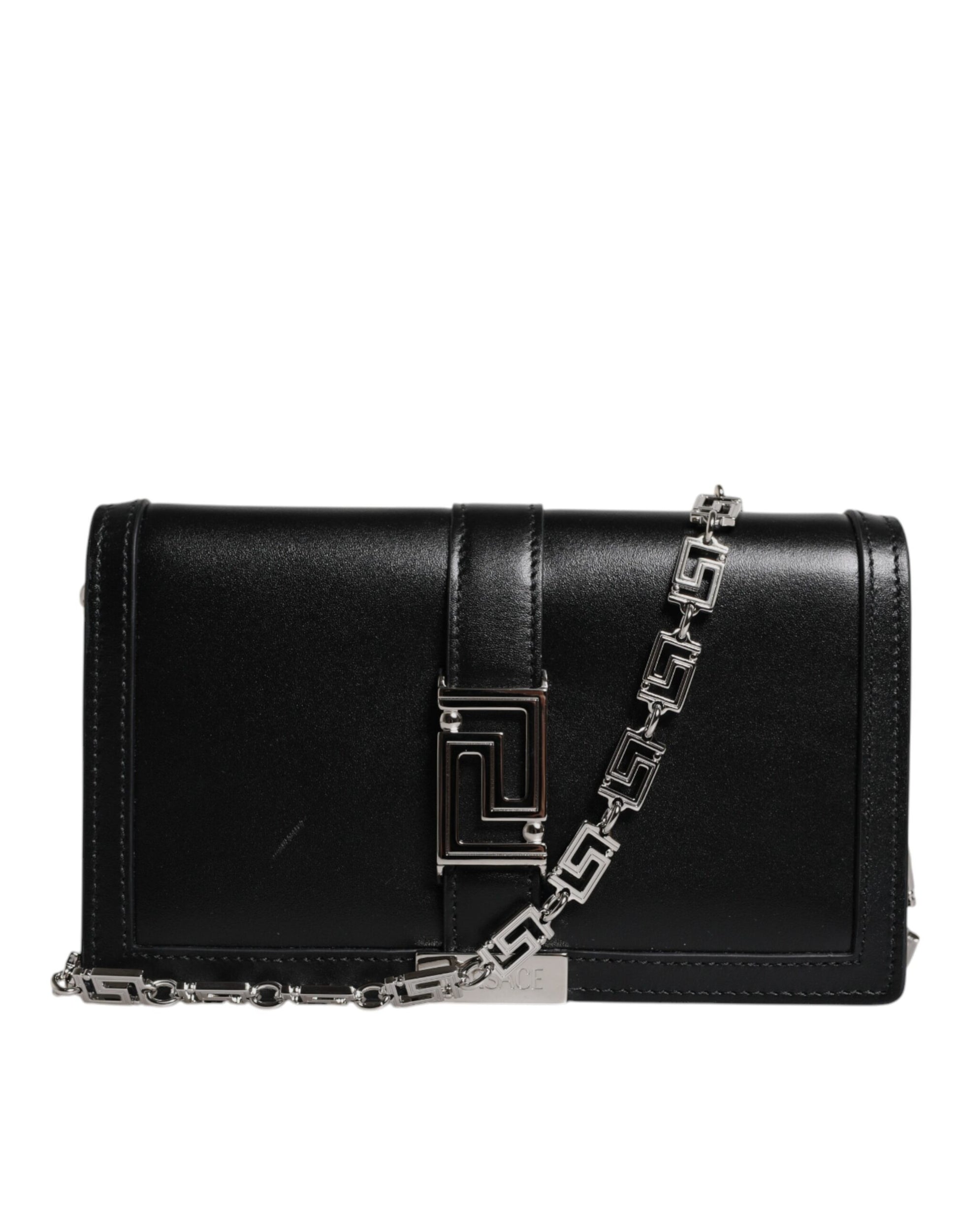 Black leather clutch purse with chain strap