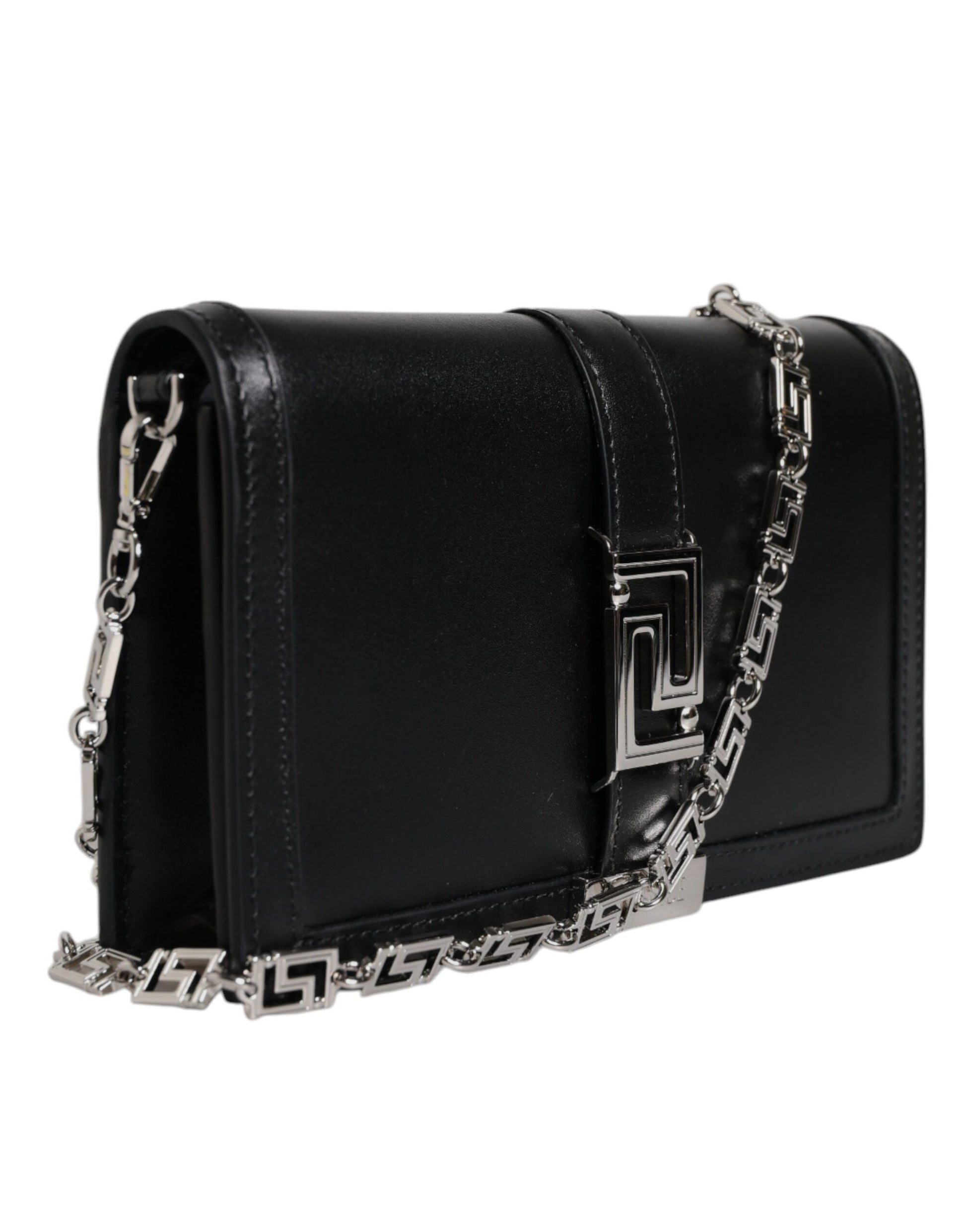 Black leather clutch purse with chain strap