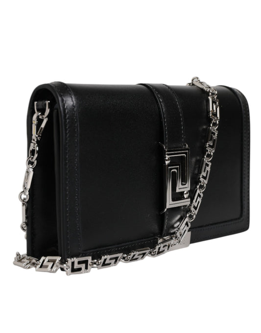 Black leather clutch purse with chain strap