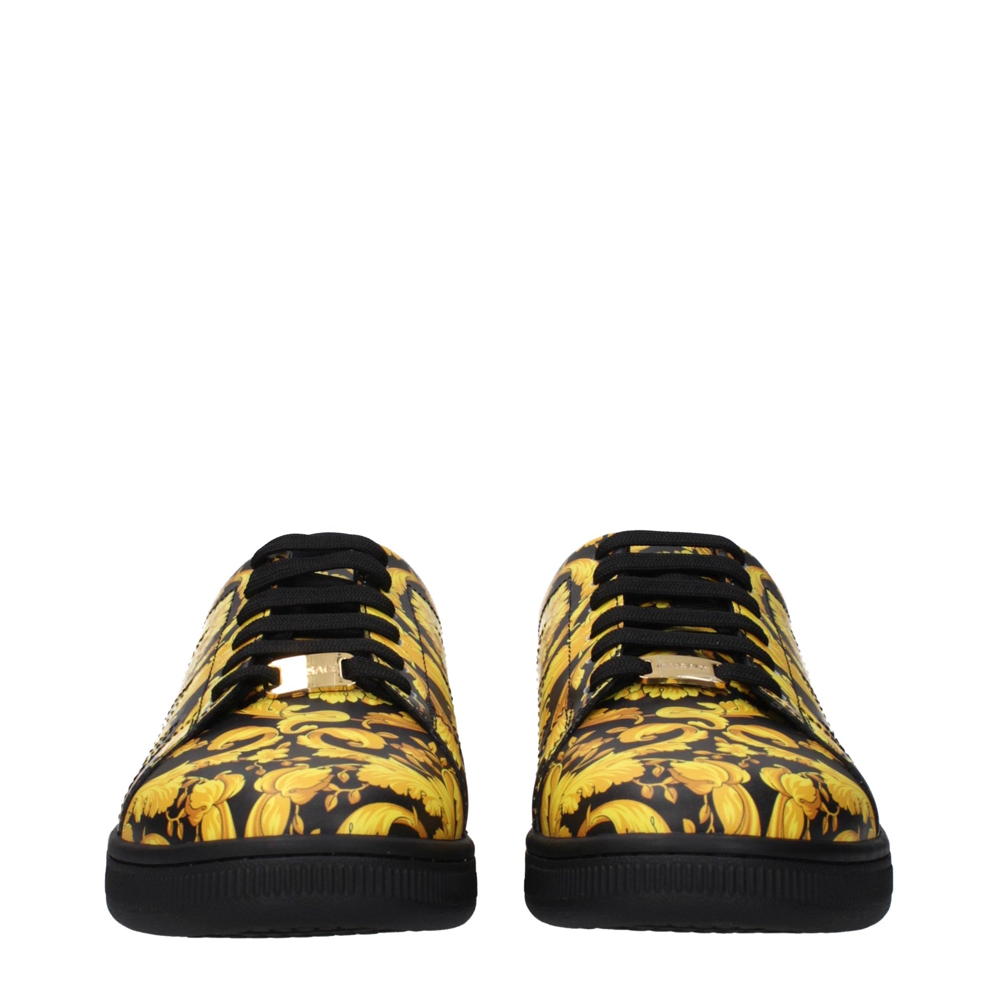 Pair of black leather chunky sneakers with yellow banana print