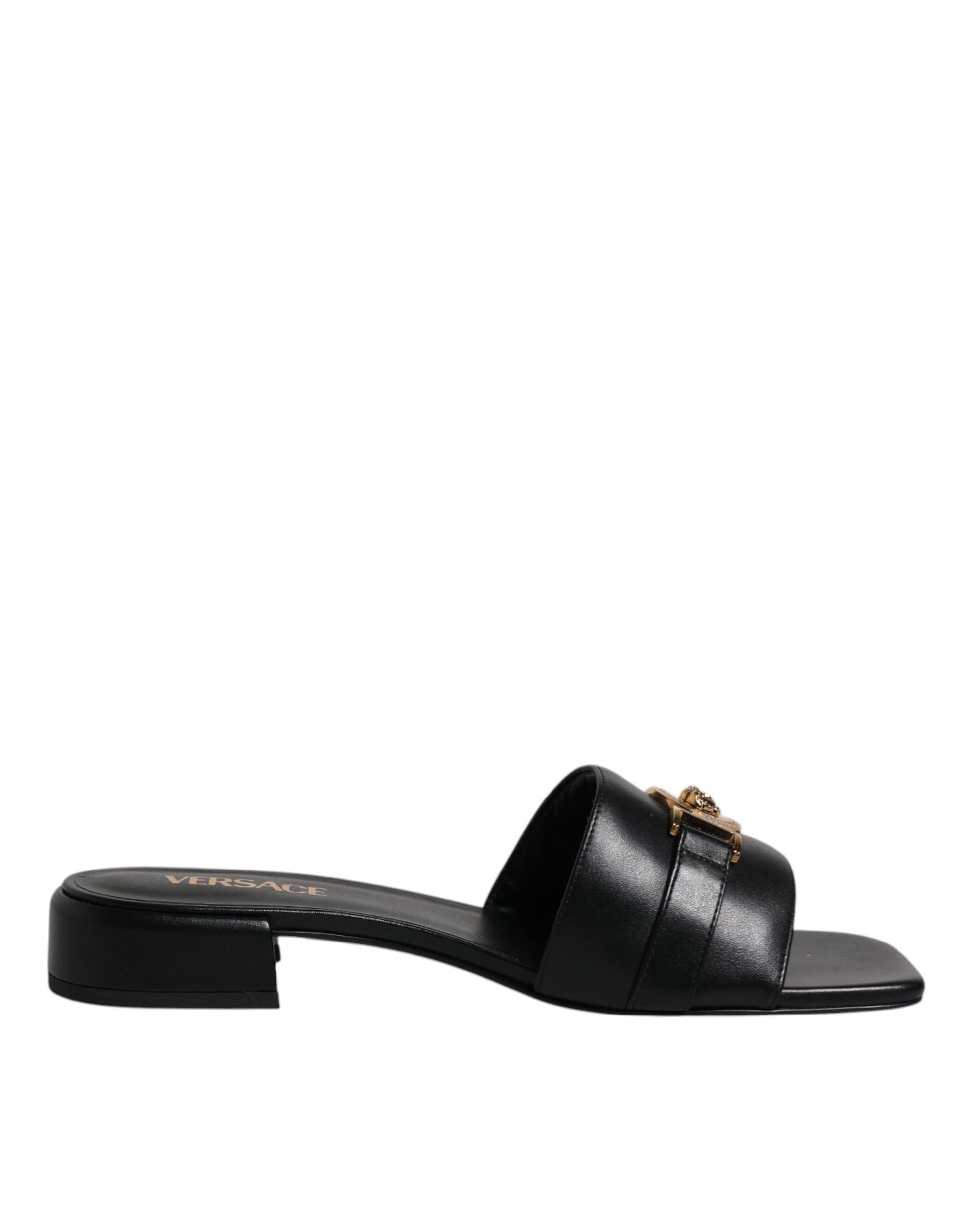 Black leather sandal with a strap over the foot