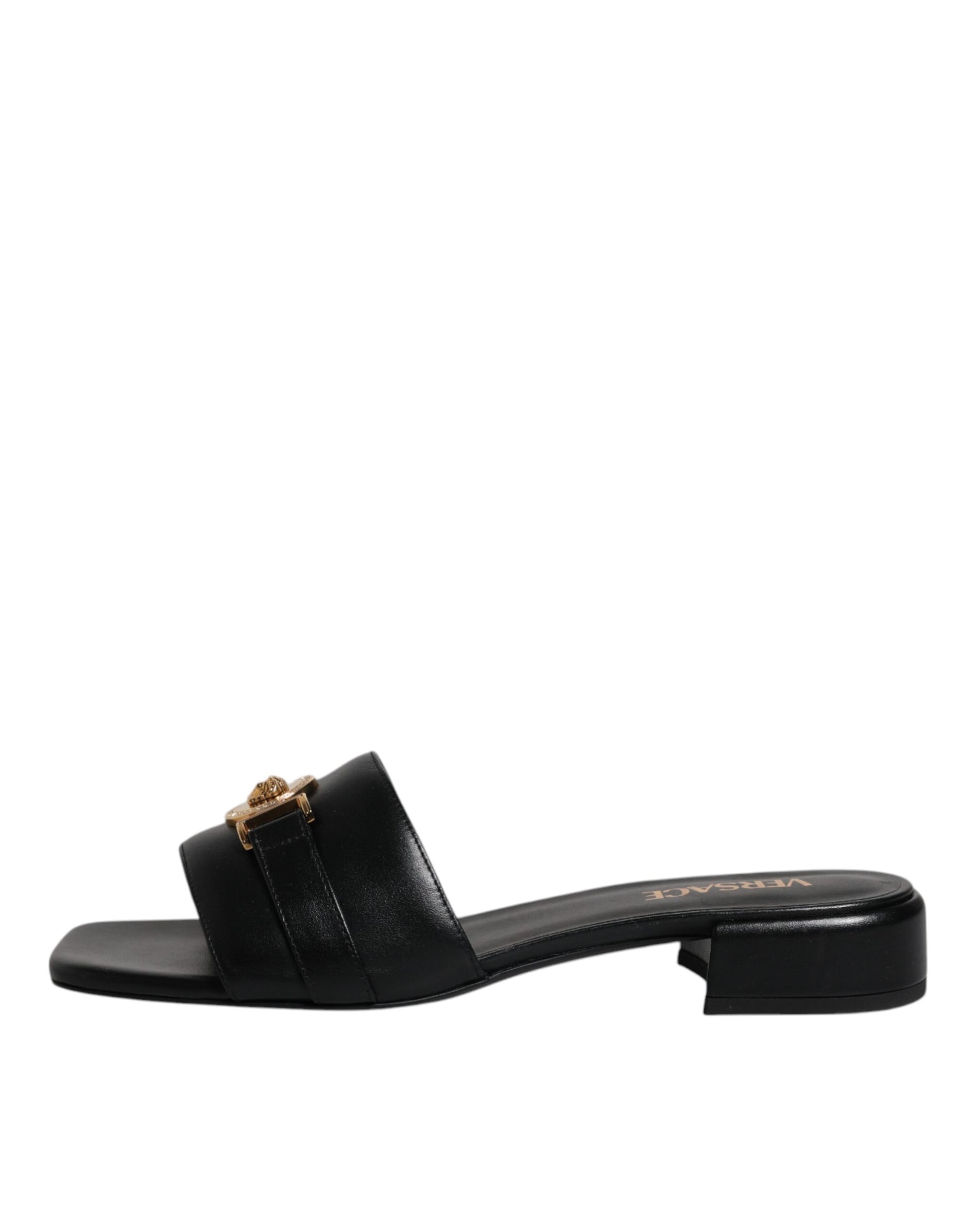 Black slide sandal with gold accents